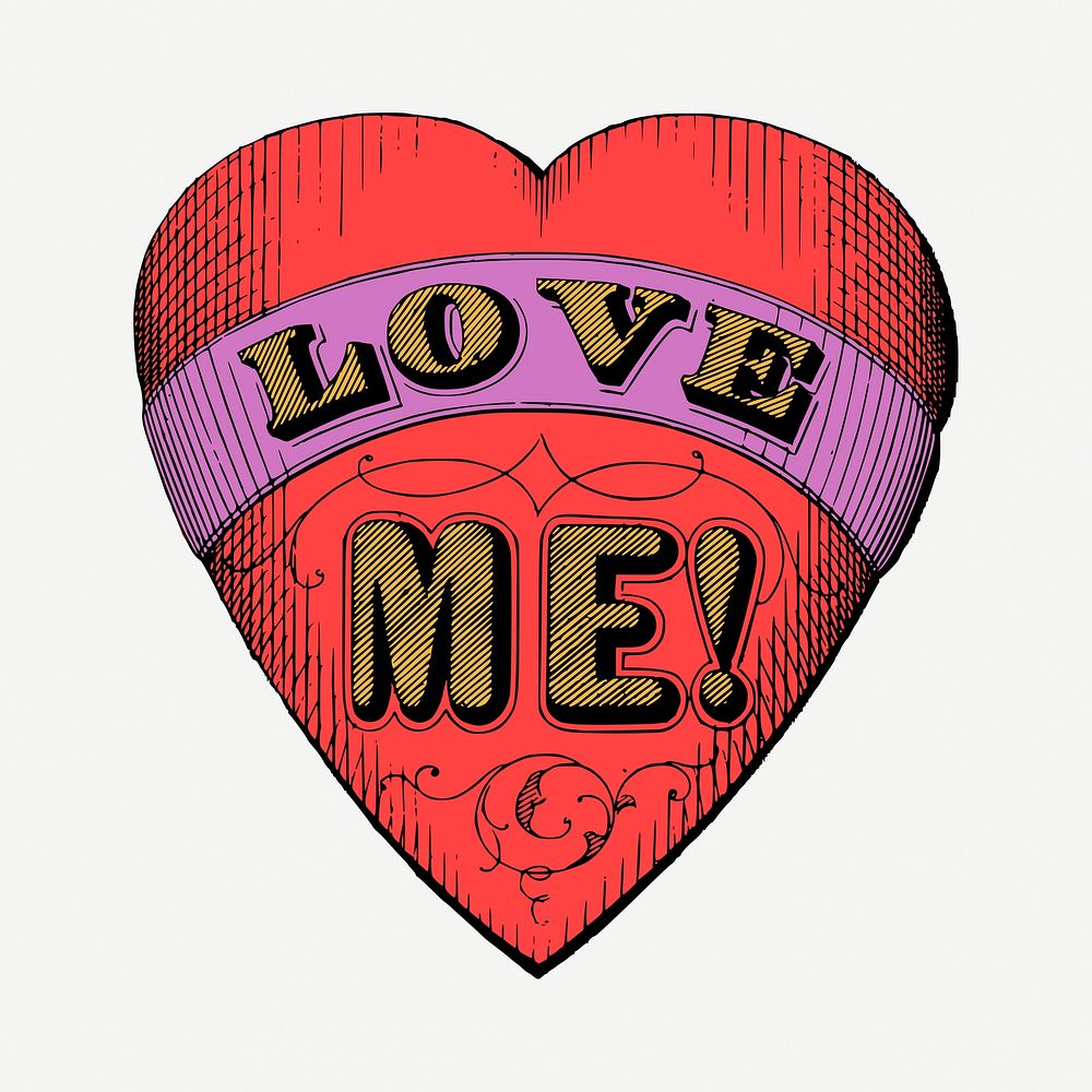 Love me heart design element, vintage illustration psd. Free public domain CC0 image.