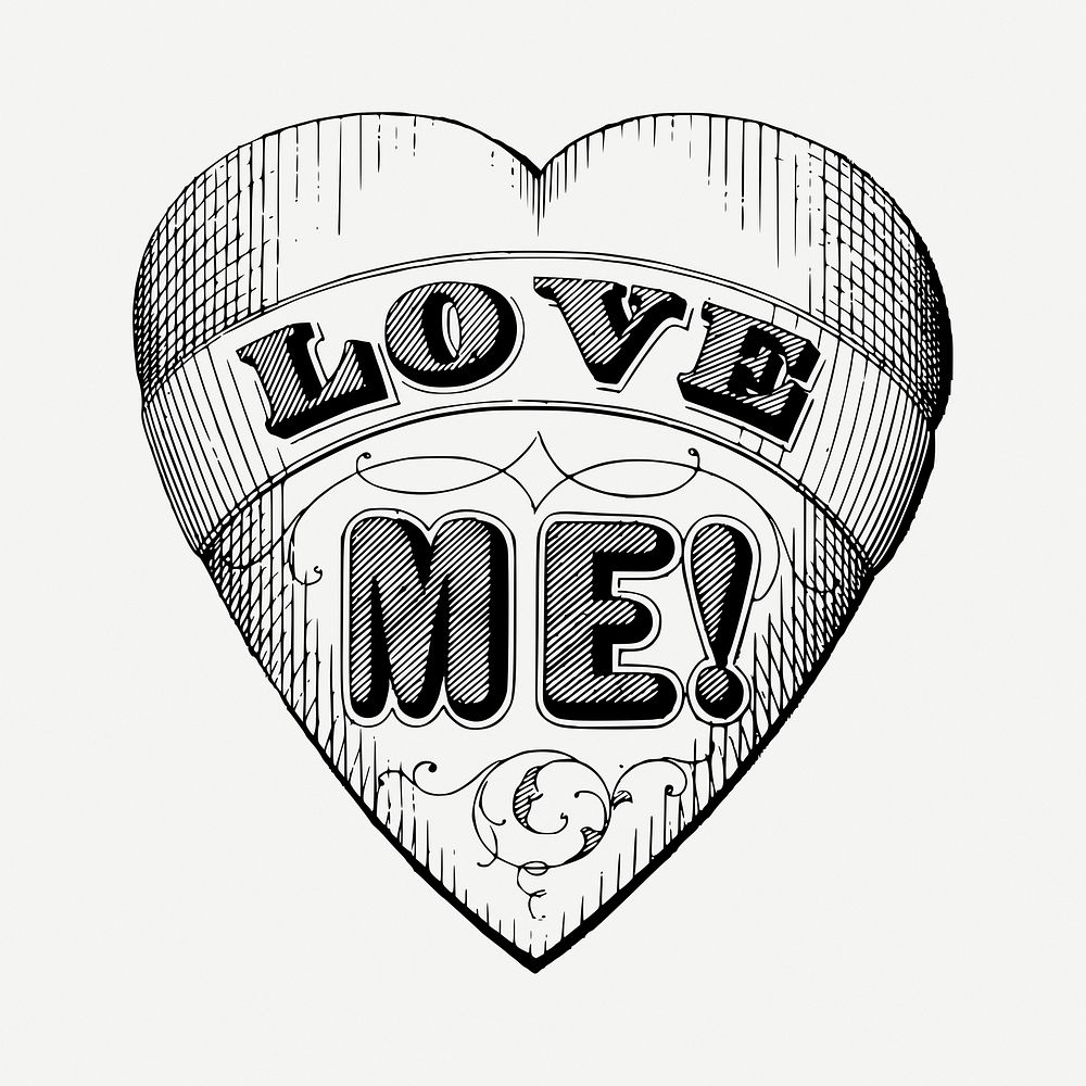 Love me heart drawing, vintage illustration psd. Free public domain CC0 image.