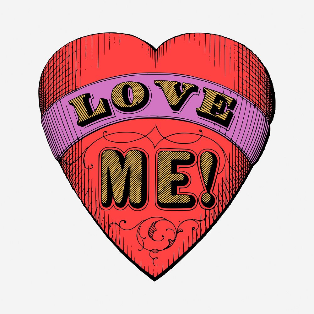 Vintage love me heart badge illustration. Free public domain CC0 image.