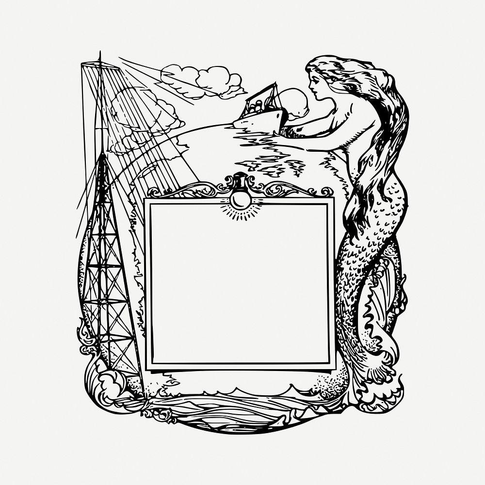 Mermaid frame drawing, vintage illustration psd. Free public domain CC0 image.