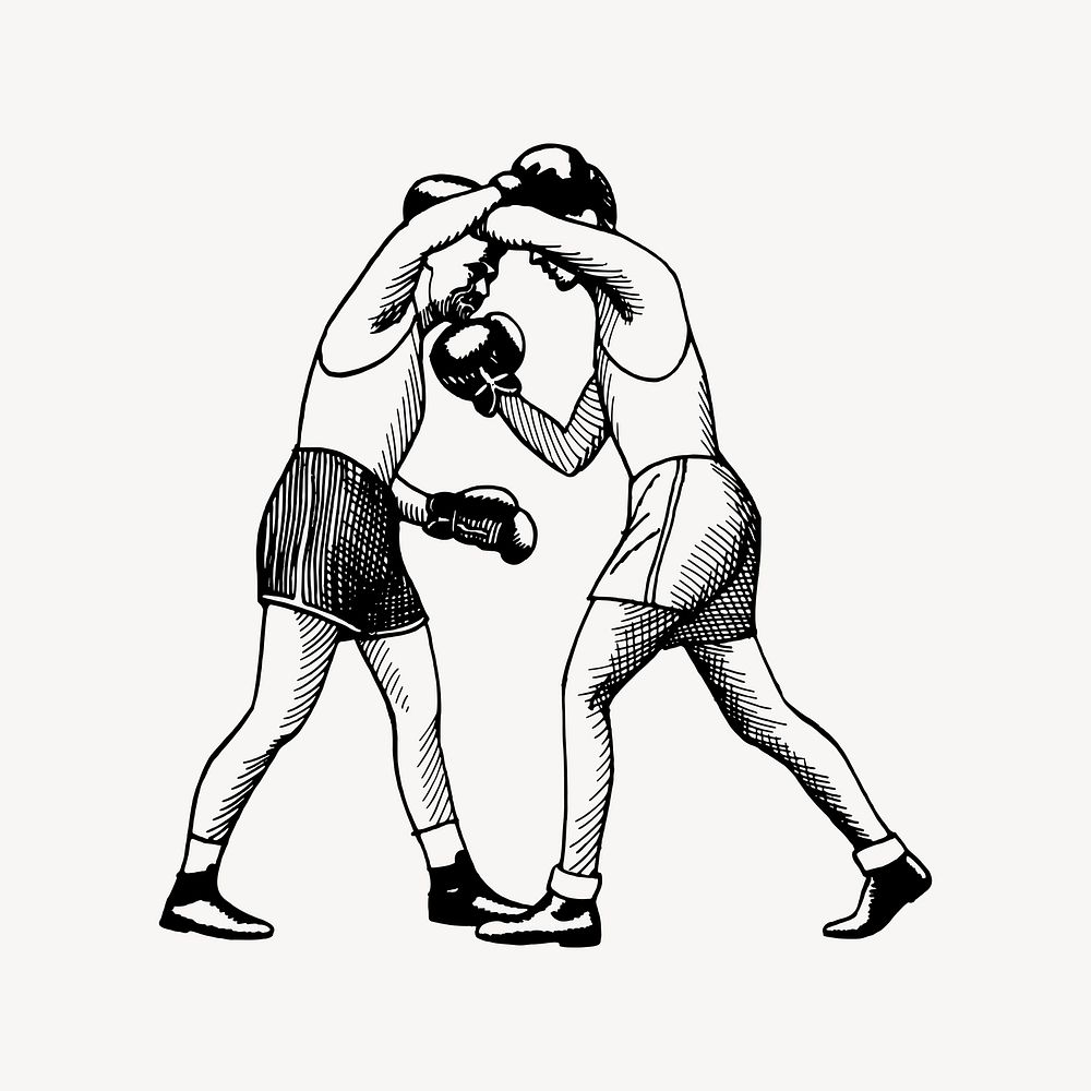 Vintage boxers fighting drawing clipart, sport hand drawn  illustration vector. Free public domain CC0 image.