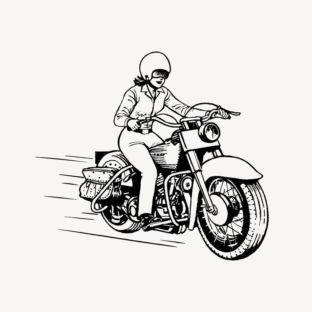 Woman biker clipart, vintage vehicle illustration vector. Free public domain CC0 image.
