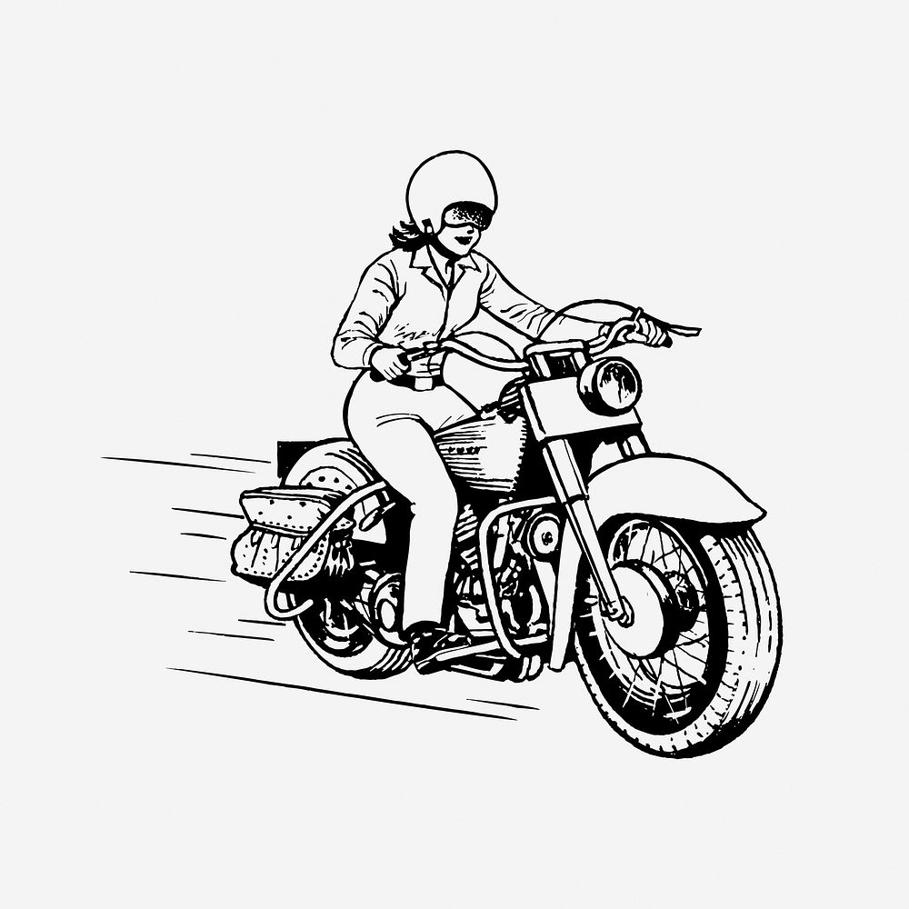 Woman biker clipart, vintage vehicle illustration. Free public domain CC0 image.