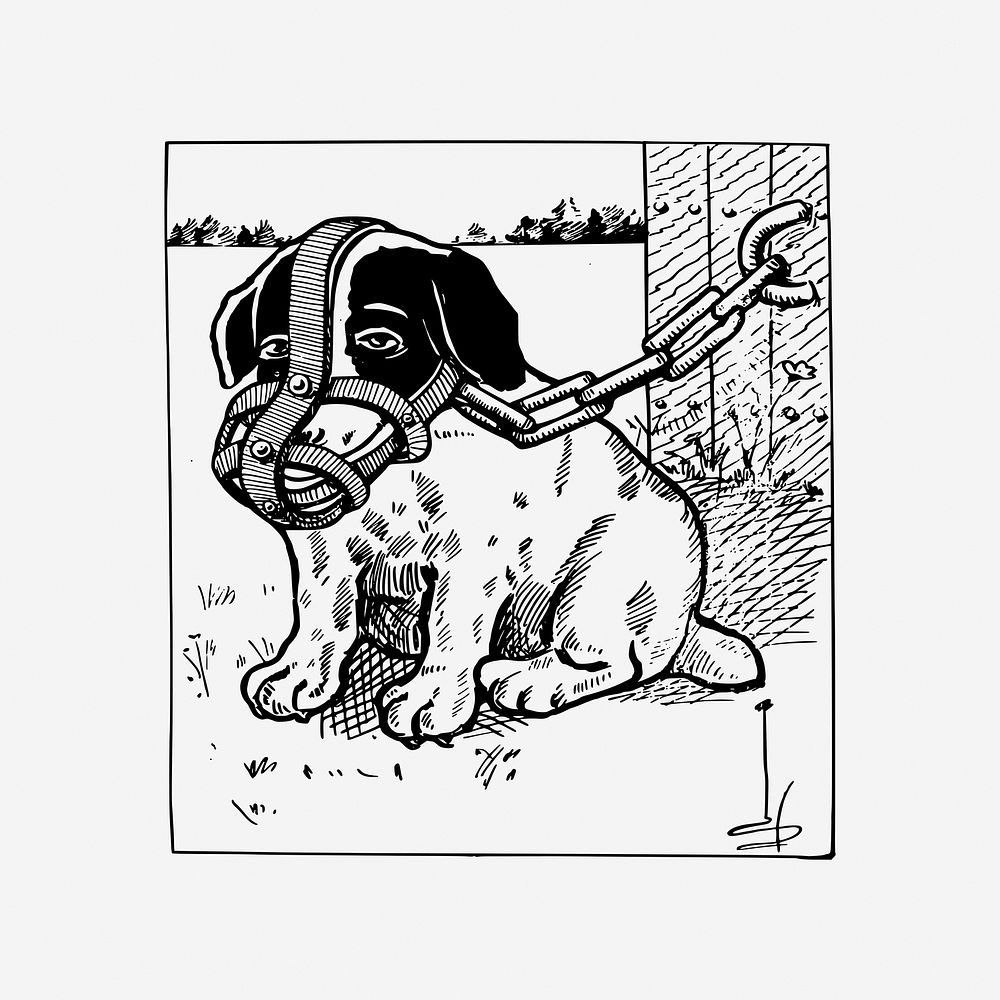 Muzzled puppy, animal clipart, vintage illustration. Free public domain CC0 image.