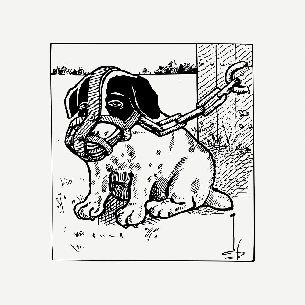 Muzzled puppy, animal drawing, vintage illustration psd. Free public domain CC0 image.