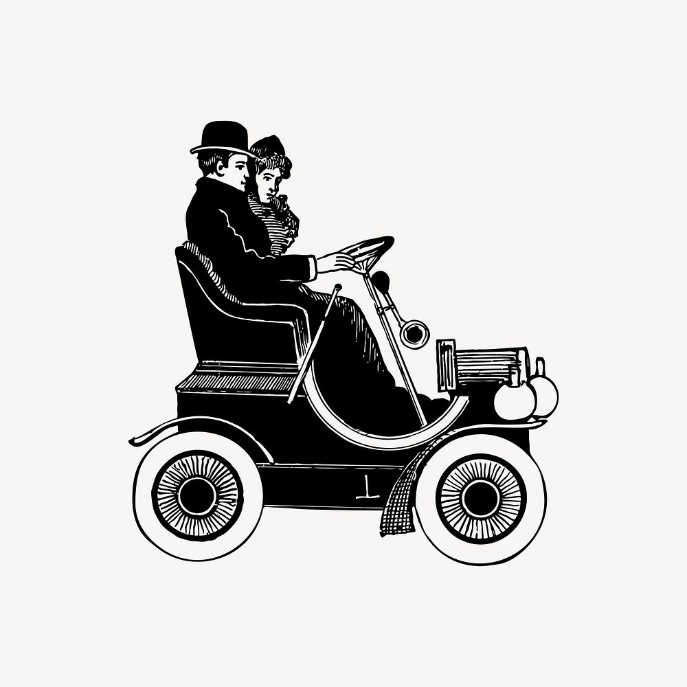 Vintage couple driving automobile illustration vector. Free public domain CC0 image.