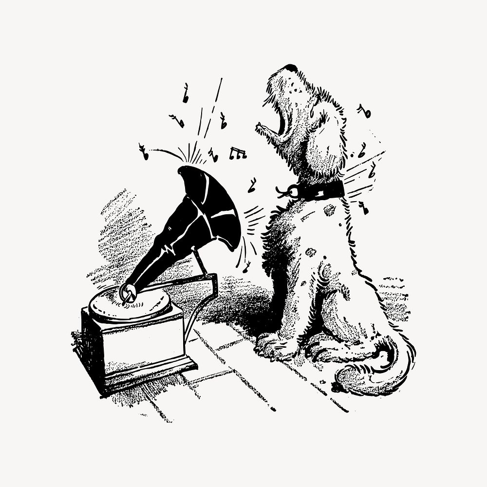 Dog barking to music illustration, vintage clipart vector. Free public domain CC0 image.