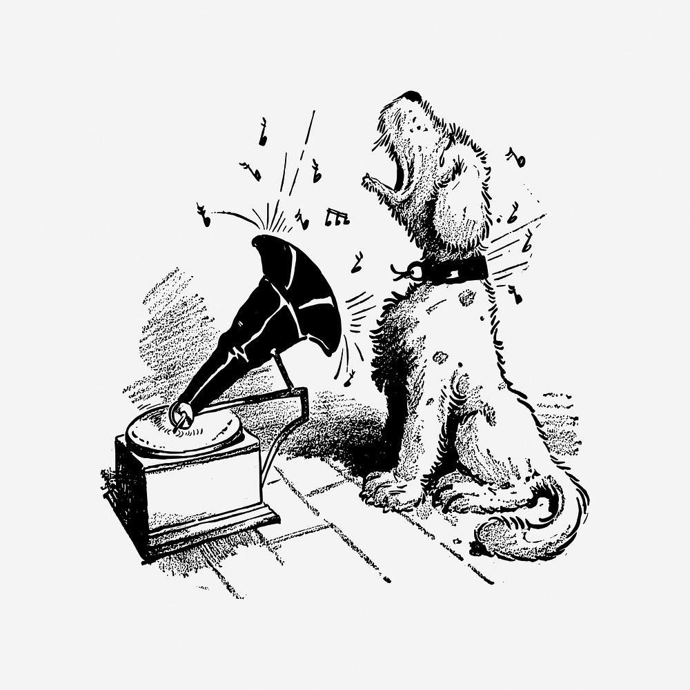 Dog barking to music illustration, vintage clipart. Free public domain CC0 image.