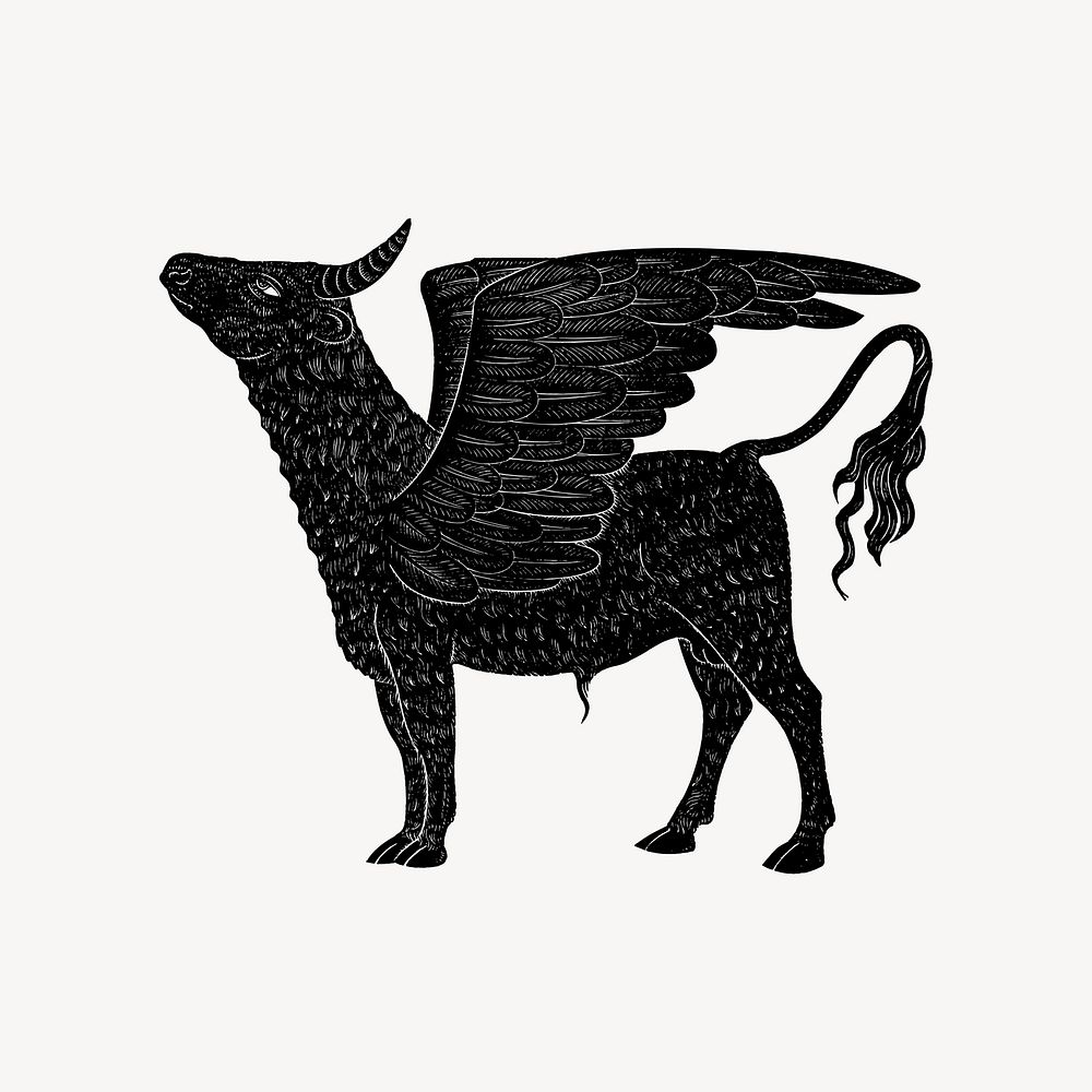 Winged bull drawing, magical creature illustration vector. Free public domain CC0 image.