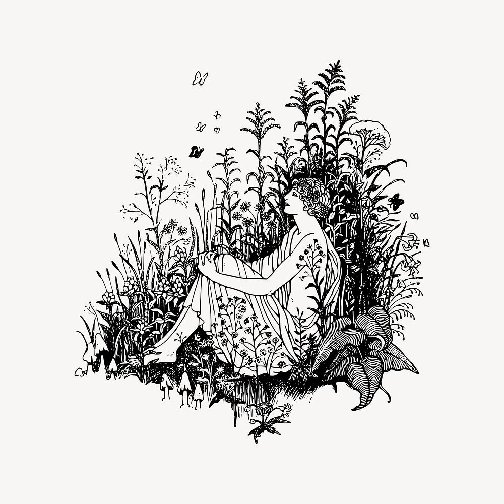 Woman sitting in grass drawing, vintage illustration vector. Free public domain CC0 image.