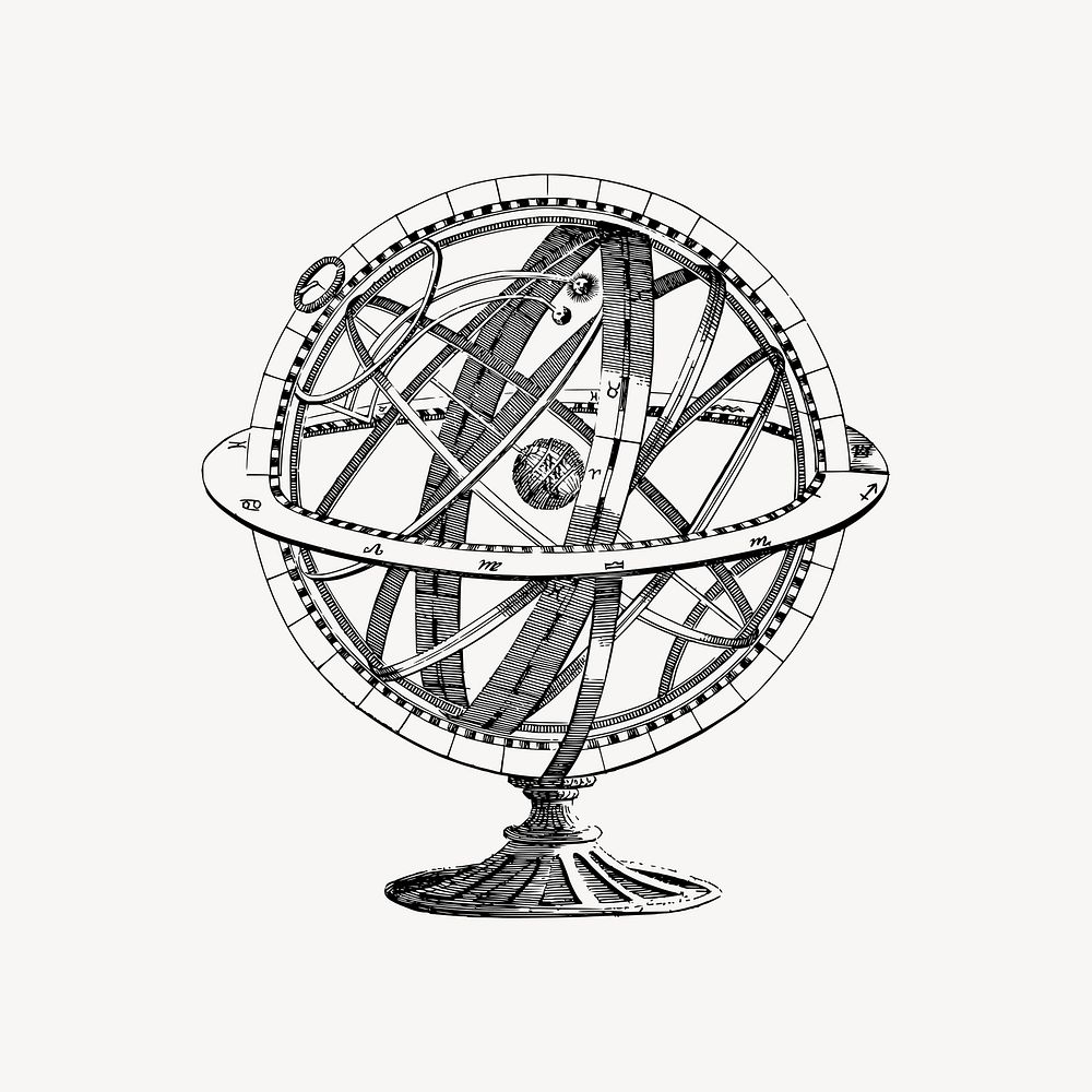 Armillary sphere drawing clipart, astronomy illustration vector. Free public domain CC0 image.