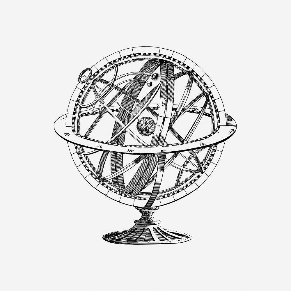 Vintage armillary sphere drawing, astronomy illustration. Free public domain CC0 image.