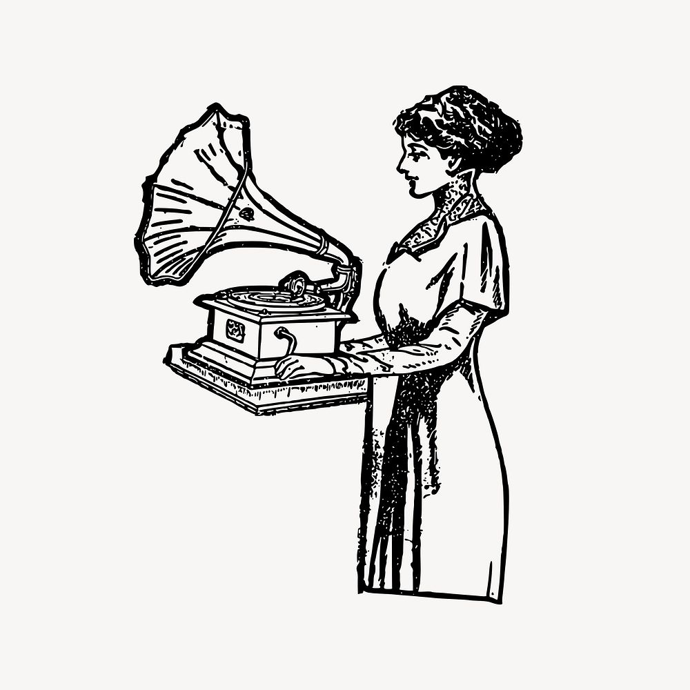 Woman using gramophone drawing, vintage illustration vector. Free public domain CC0 image.