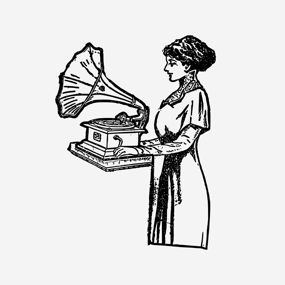 Woman using gramophone drawing, vintage illustration. Free public domain CC0 image.