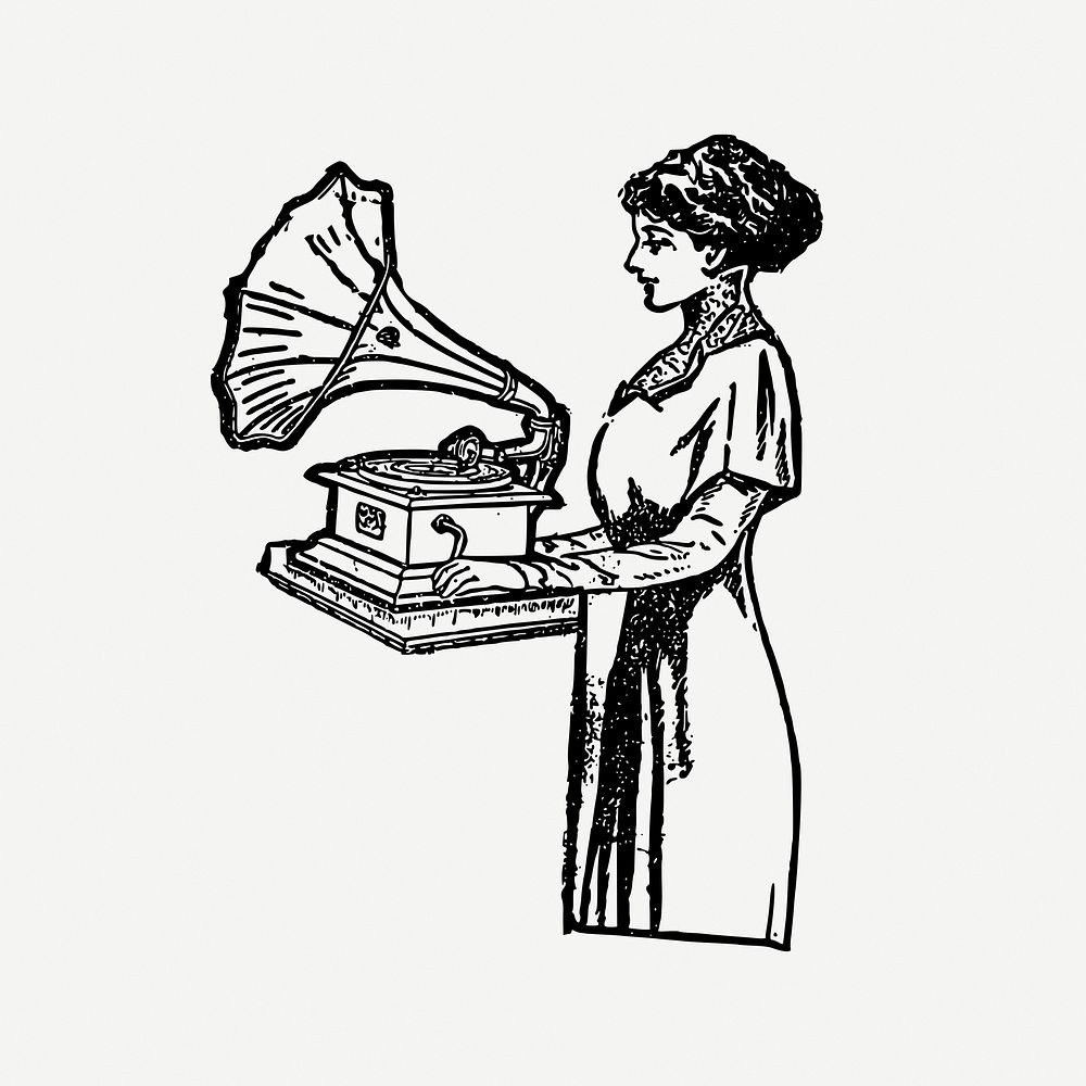 Woman using gramophone drawing, vintage illustration psd. Free public domain CC0 image.