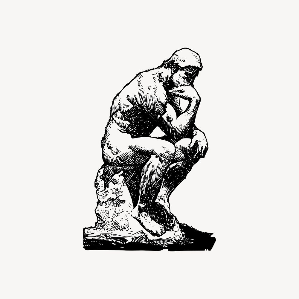 Thinking man statue drawing clipart, vintage illustration vector. Free public domain CC0 image.