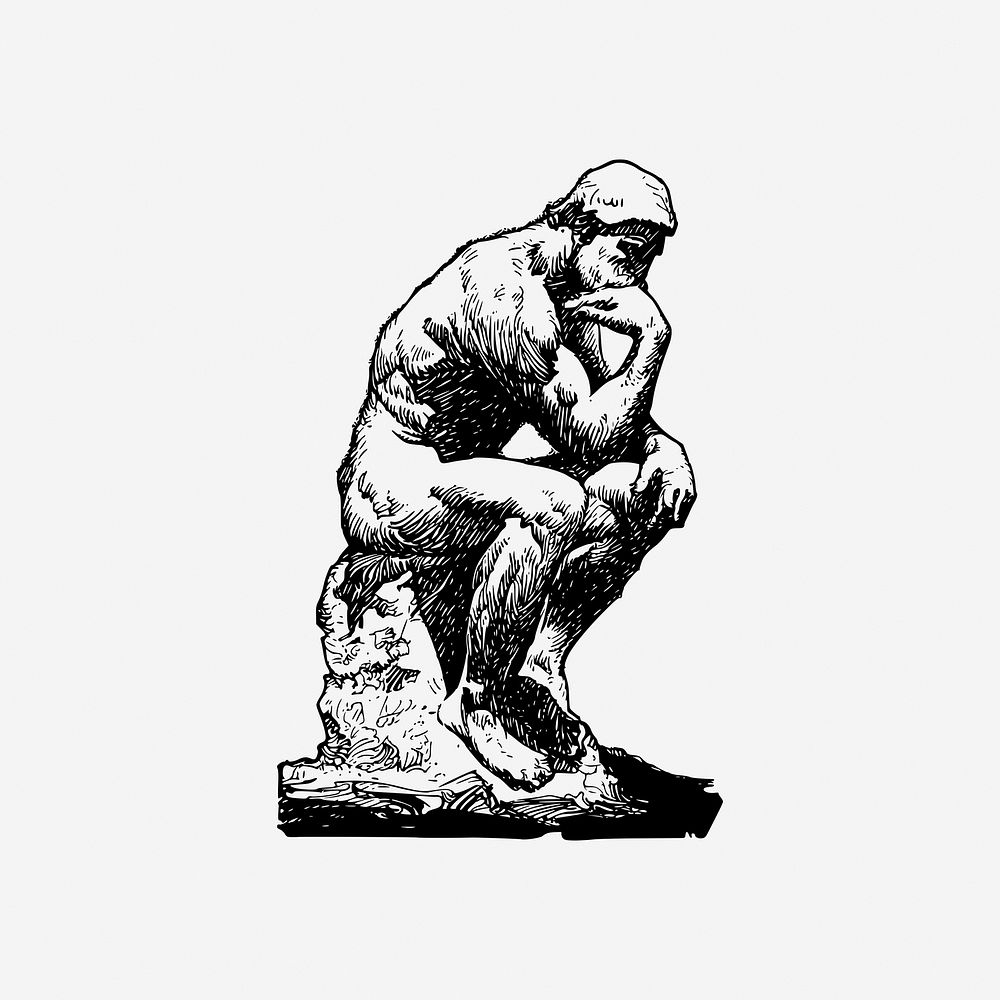 Vintage thinking man statue hand drawn illustration. Free public domain CC0 image.