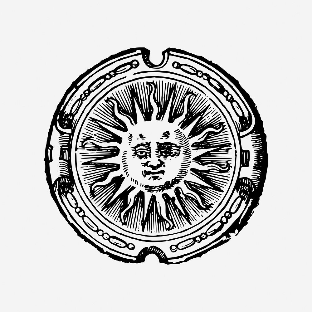 Vintage sun face badge drawing, celestial art illustration. Free public domain CC0 image.