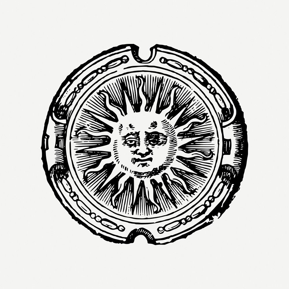 Sun face badge drawing, celestial art illustration psd. Free public domain CC0 image.
