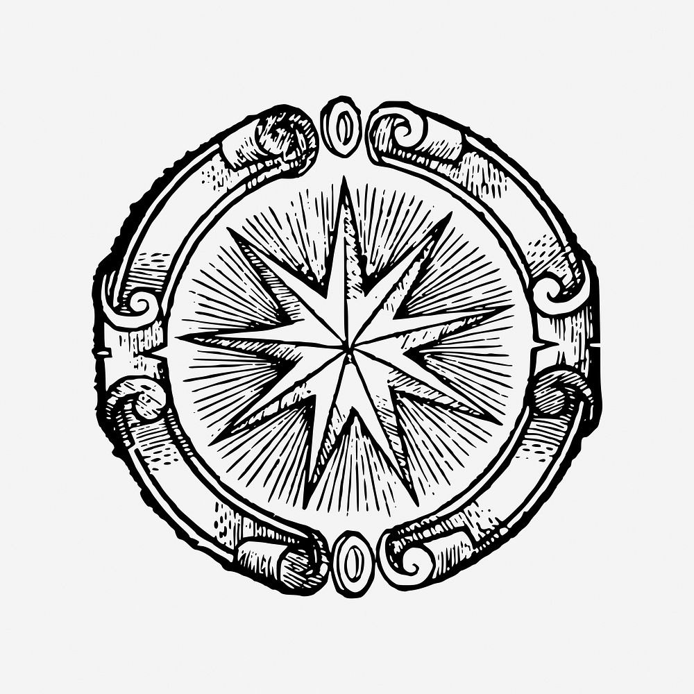 Vintage star badge drawing, celestial art illustration. Free public domain CC0 image.
