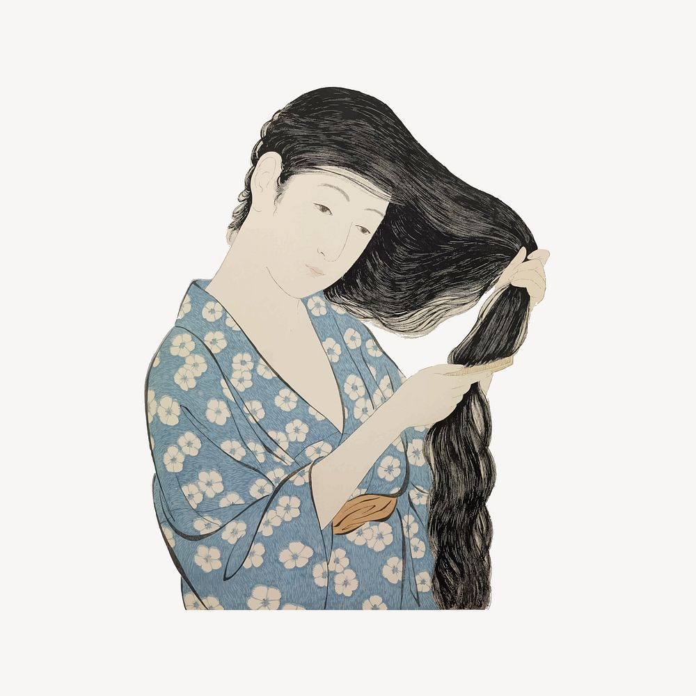 Japanese woman combing hair, vintage illustration vector. Free public domain CC0 image.