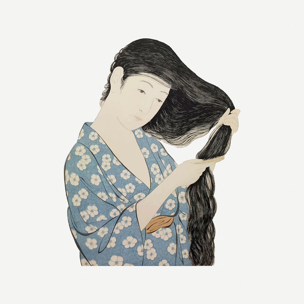 Japanese woman combing hair, vintage illustration psd. Free public domain CC0 image.