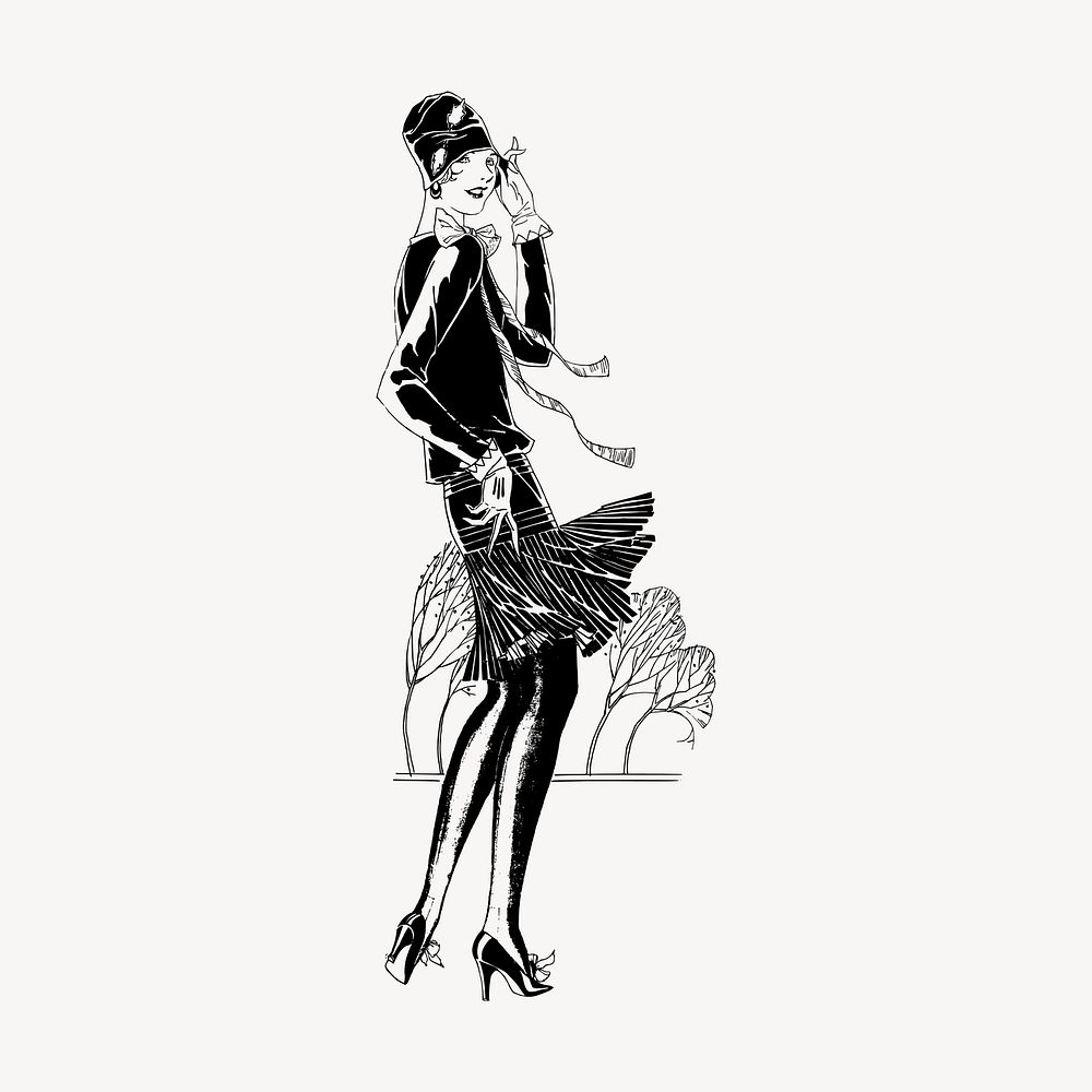 Flapper lady hand drawn clipart, fashion illustration vector. Free public domain CC0 image.