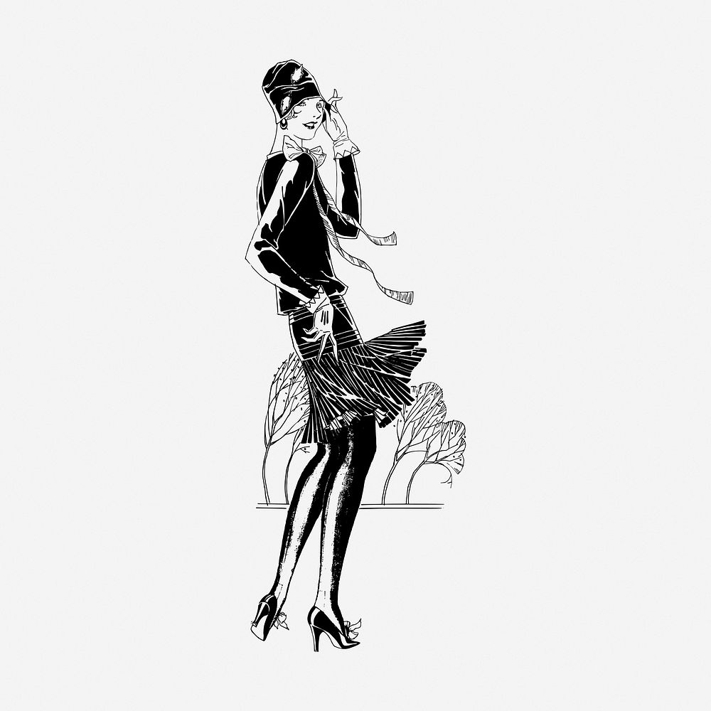 Flapper lady hand drawn illustration. Free public domain CC0 image.