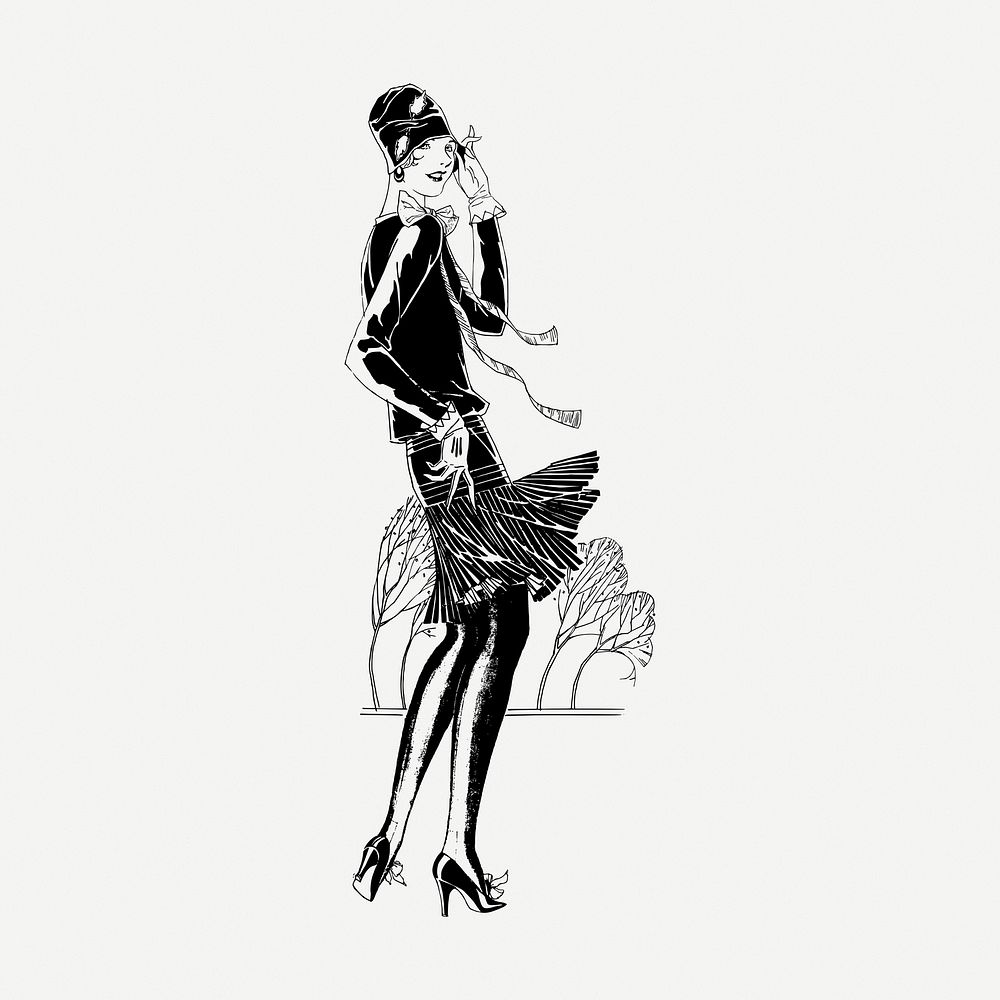 Flapper lady drawing clipart, fashion illustration psd. Free public domain CC0 image.