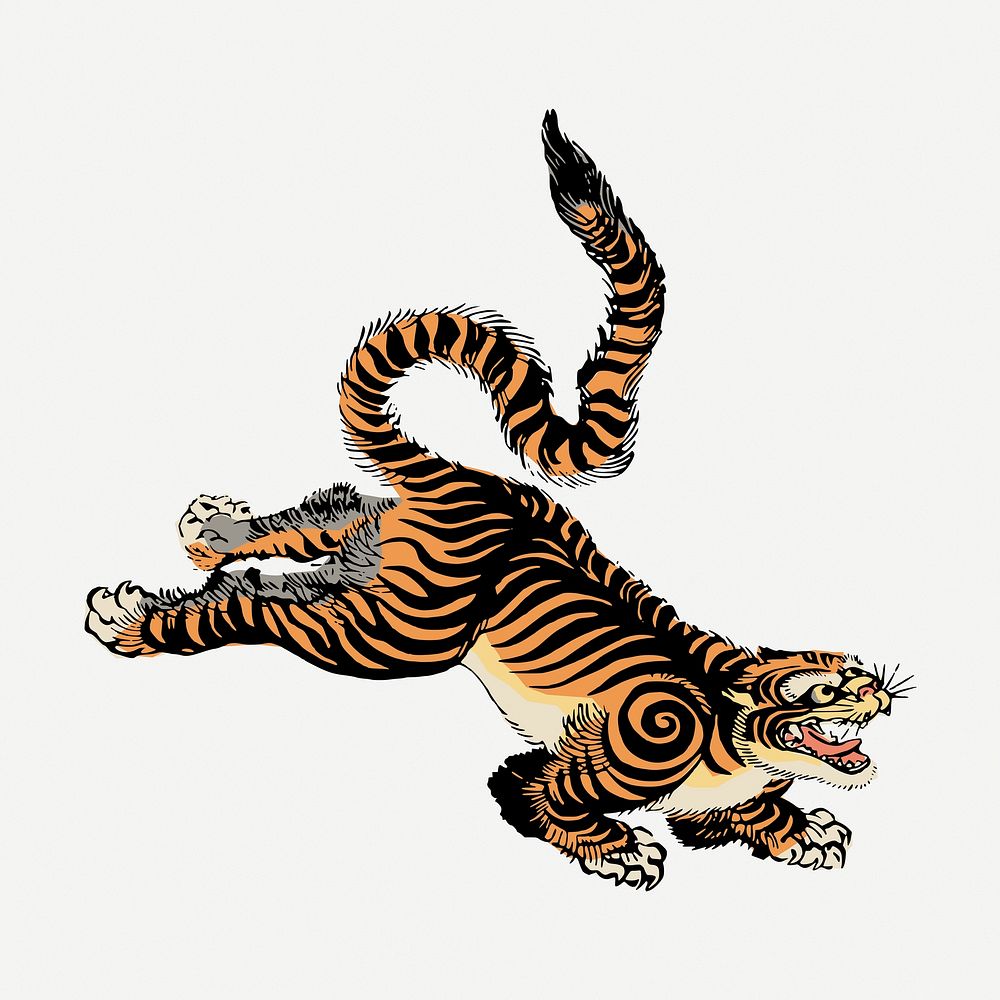 Japanese tiger vintage clipart, mythical animal illustration psd. Free public domain CC0 image.