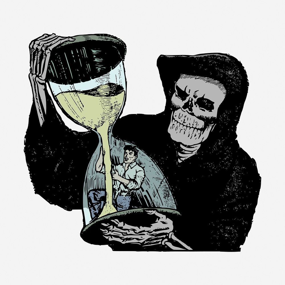 Grim Reaper illustration, death hourglass. Free public domain CC0 image.