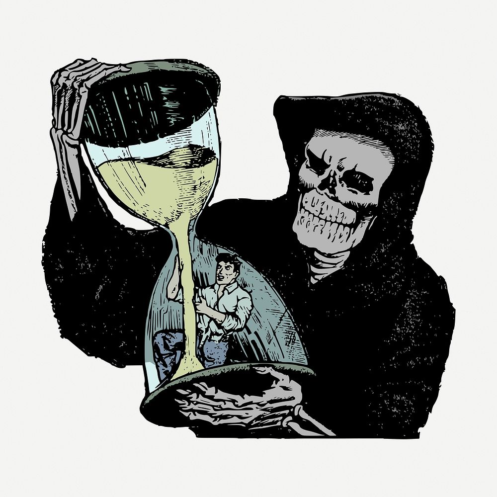 Death hourglass vintage clipart, Grim Reaper illustration psd. Free public domain CC0 image.