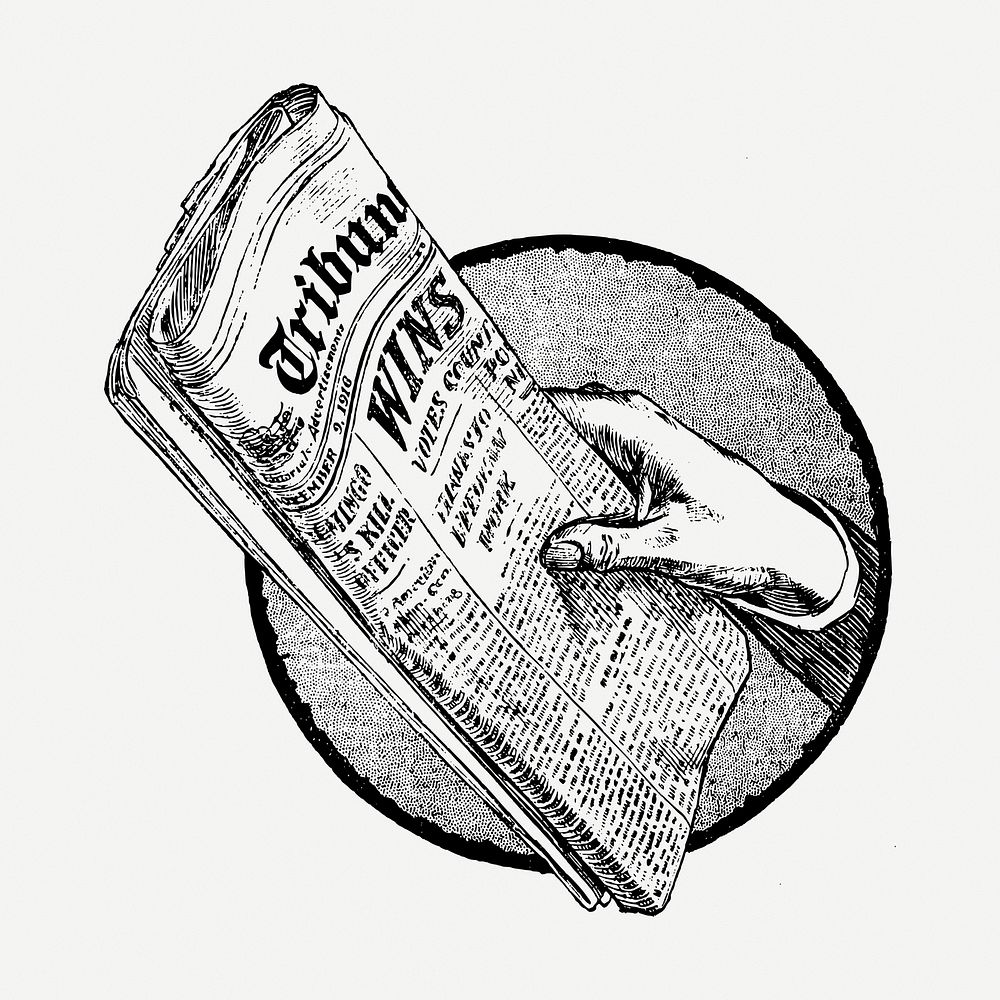 Newspaper drawing clipart, black and white illustration psd. Free public domain CC0 image.