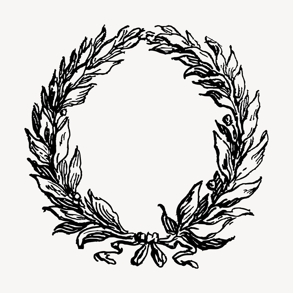 Leafy wreath hand drawn frame, black and white illustration vector. Free public domain CC0 image.