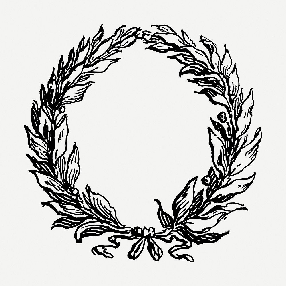 Leafy wreath drawing frame, black and white illustration psd. Free public domain CC0 image.