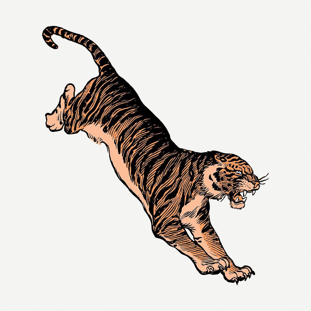 Jumping tiger vintage clipart, wildlife illustration psd. Free public domain CC0 image.
