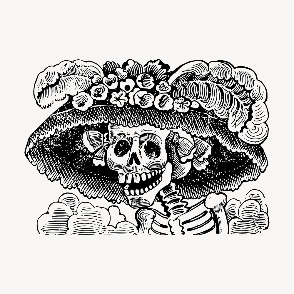 Day of Death hand drawn clipart, La Calavera Catrina illustration vector. Free public domain CC0 image.