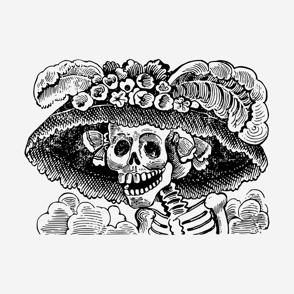 La Calavera Catrina, Day of Death hand drawn illustration. Free public domain CC0 image.