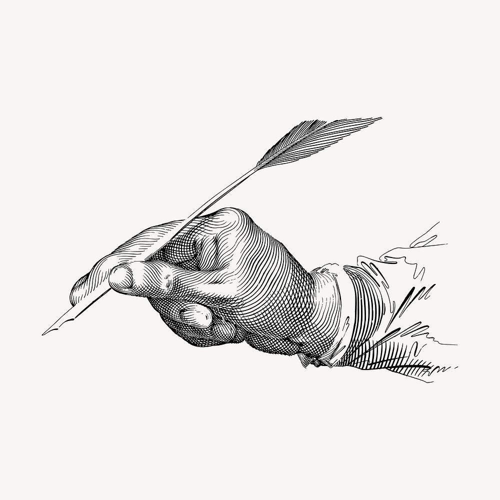 Quill writing hand drawn clipart, bw illustration vector. Free public domain CC0 image.