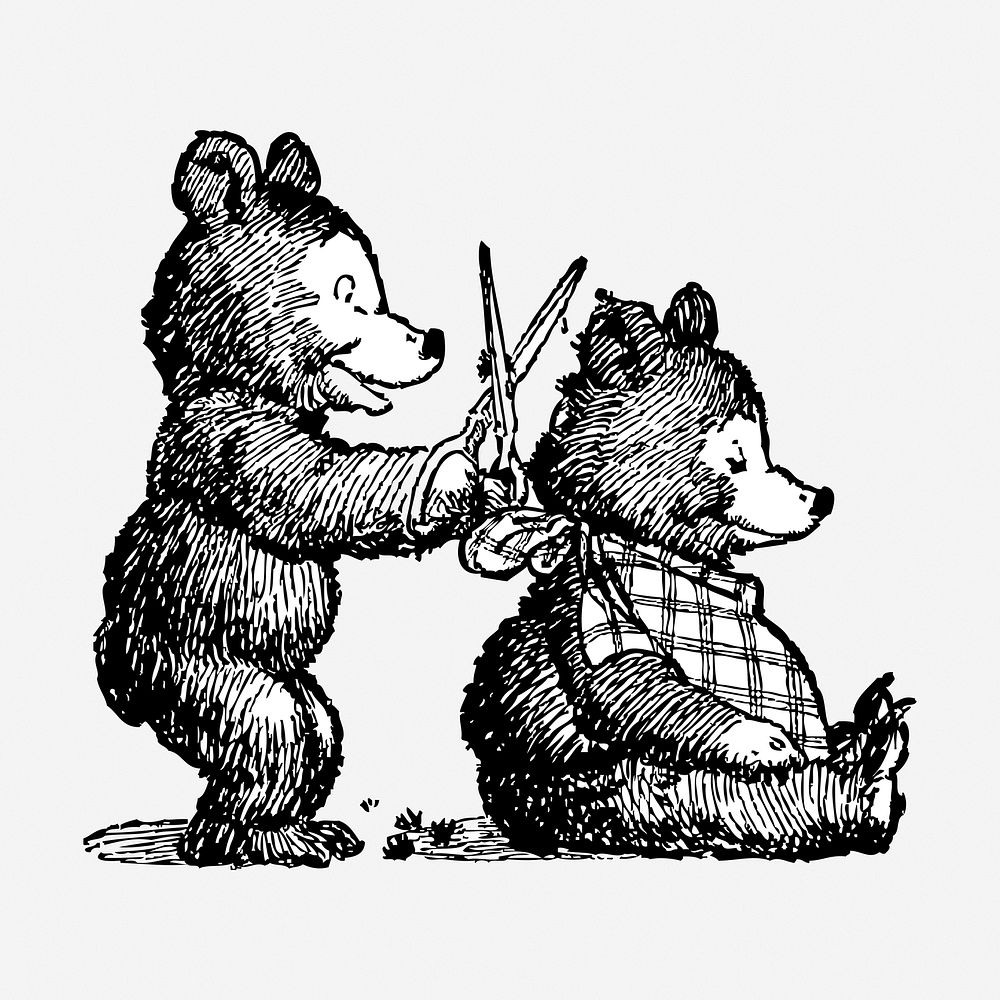 Little bears getting haircut hand drawn illustration. Free public domain CC0 image.