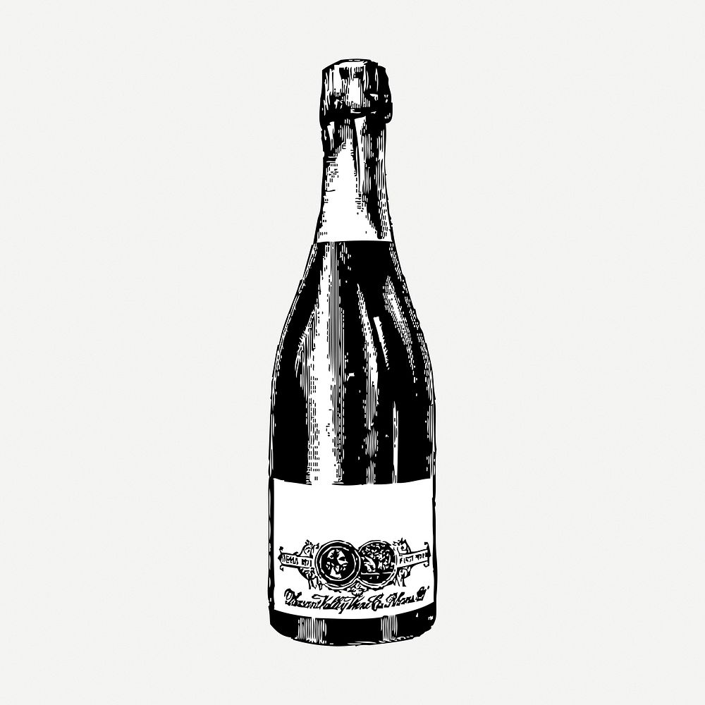 Champagne bottle drawing clipart, alcohol illustration psd. Free public domain CC0 image.