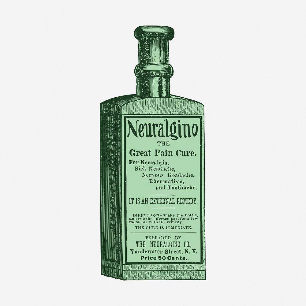 Green bottle illustration, medicine. Free public domain CC0 image.