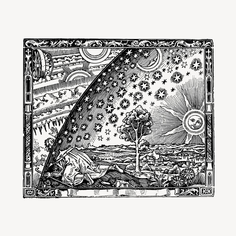 Flammarion universe hand drawn, black and white illustration vector. Free public domain CC0 image.