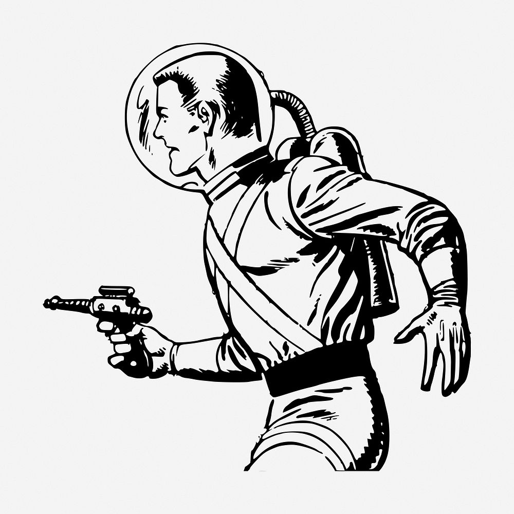 Astronaut with gun hand drawn illustration. Free public domain CC0 image.