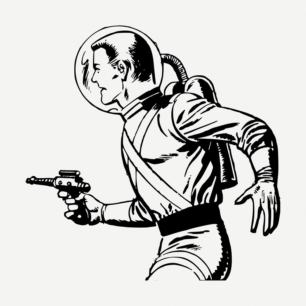 Ray gun man drawing clipart, astronaut illustration psd. Free public domain CC0 image.