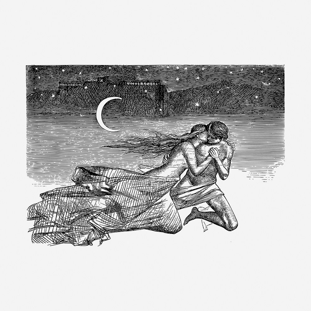 Lovers hand drawn illustration, Death of Oenone. Free public domain CC0 image.
