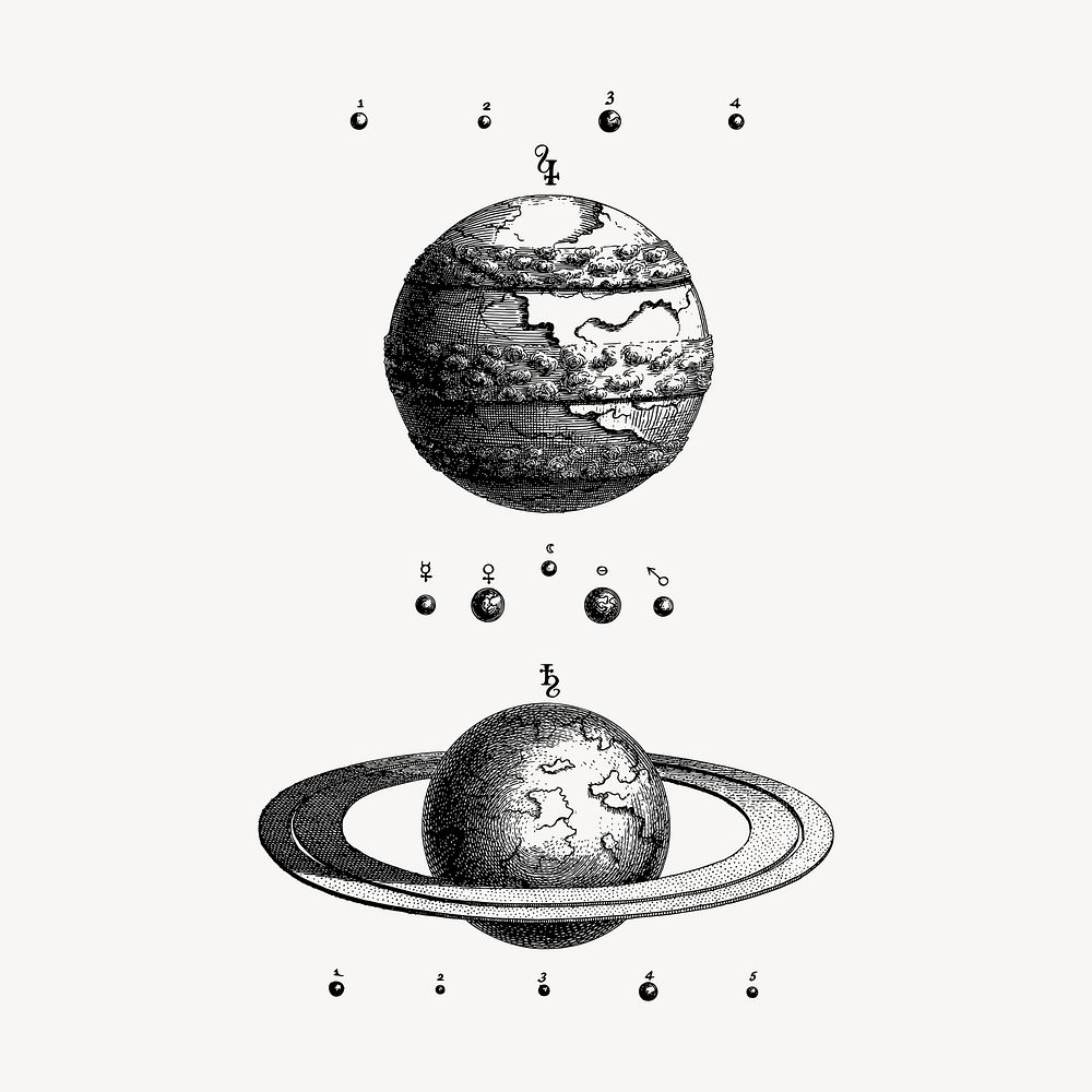Vintage planets hand drawn clipart, Jupiter and Saturn illustration vector. Free public domain CC0 image.