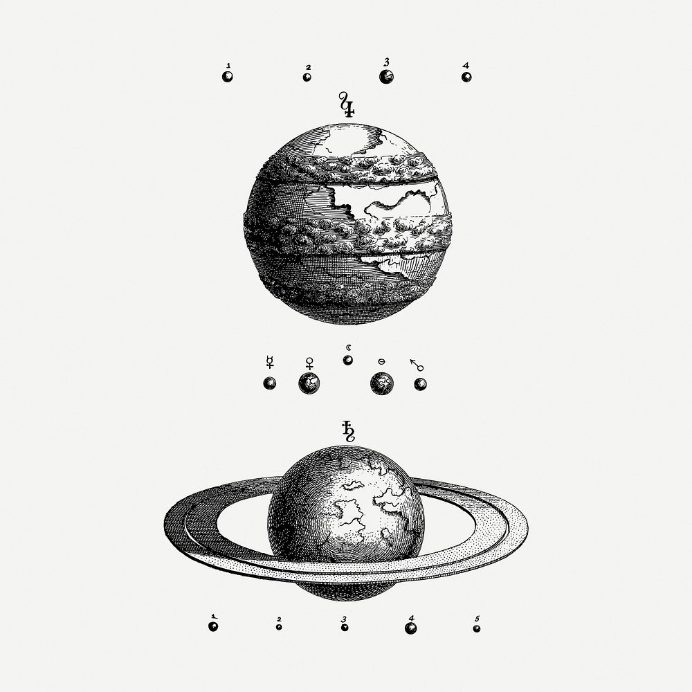 Jupiter and Saturn drawing clipart, planets illustration psd. Free public domain CC0 image.
