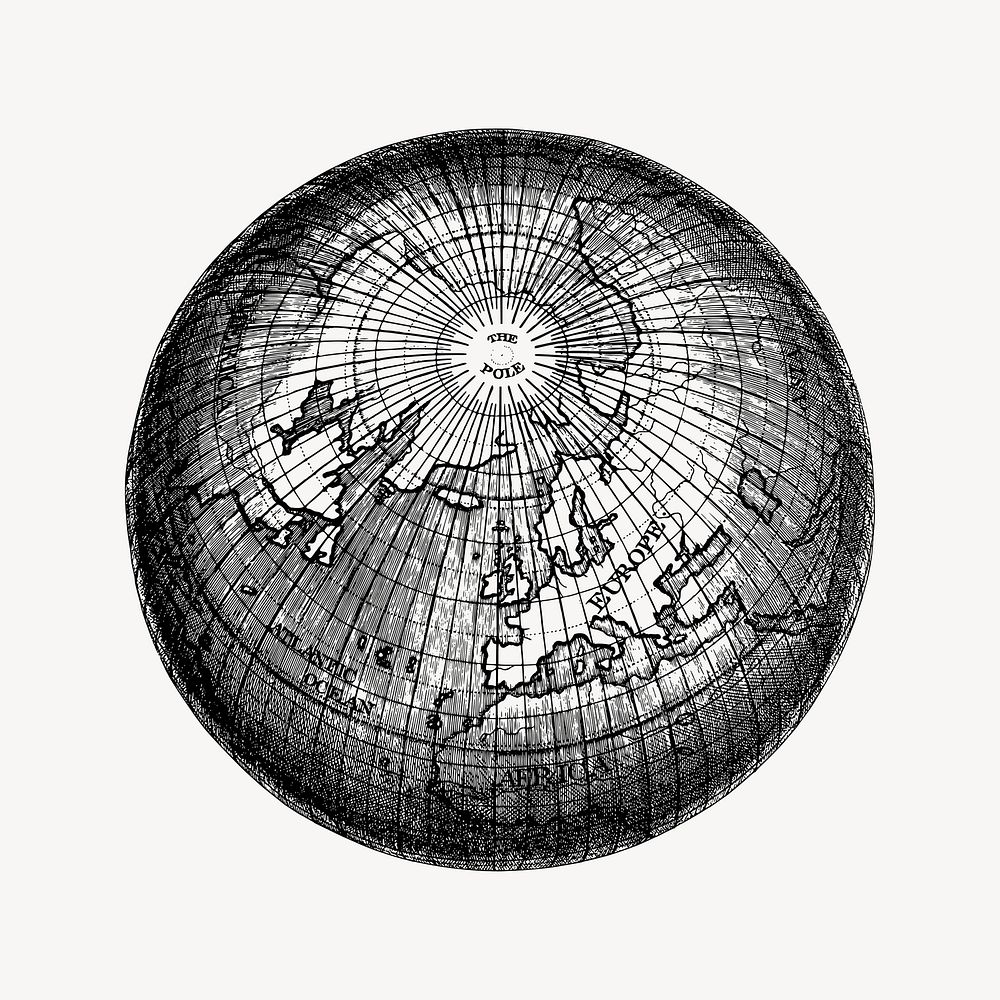 Earth globe hand drawn clipart, map illustration vector. Free public domain CC0 image.