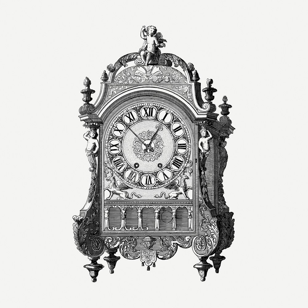Mechanical clock drawing clipart, black and white illustration psd. Free public domain CC0 image.